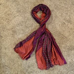 Scarf. 73” x 29”. Gray/Orange/Purple